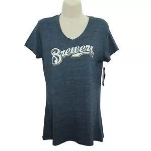 Fanatics Women Large Milwaukee Brewers Baseball V Neck Heathered Blue Shirt NEW - Picture 1 of 7