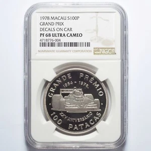 1978 Macau Silver 100 Patacas Grand Premio W/Logos NGC PF68 Ultra Cameo - Picture 1 of 2