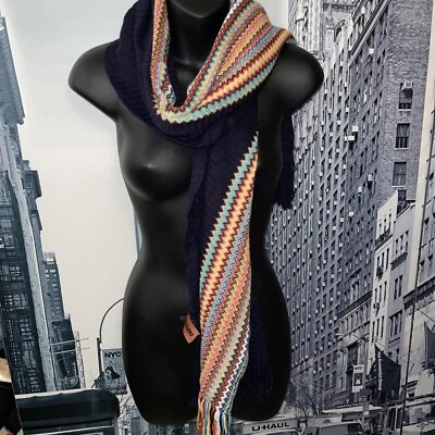 Nueva Bufanda Missoni Etiqueta Naranja 100% Lana Zig Zag Azul Marino $345 Hecha en Italia Foto 1 de 4