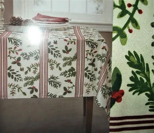 WATERCOLOR HOLLY CHRISTMAS TABLECLOTH  HERRINGBONE WEAVE PINE BERRIES 70" ROUND - Picture 1 of 6