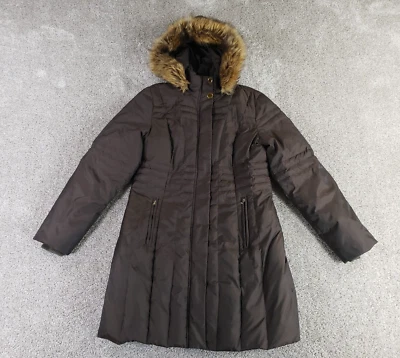 Chaqueta acolchada de plumón Anne Klein para mujer marrón con ribete de piel sintética Foto 1 de 4