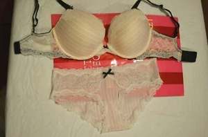 Victoria's Secret Bra Panty Set Dream Angel Ivory Baby Pink Black 32DD Bottom S - Picture 1 of 5