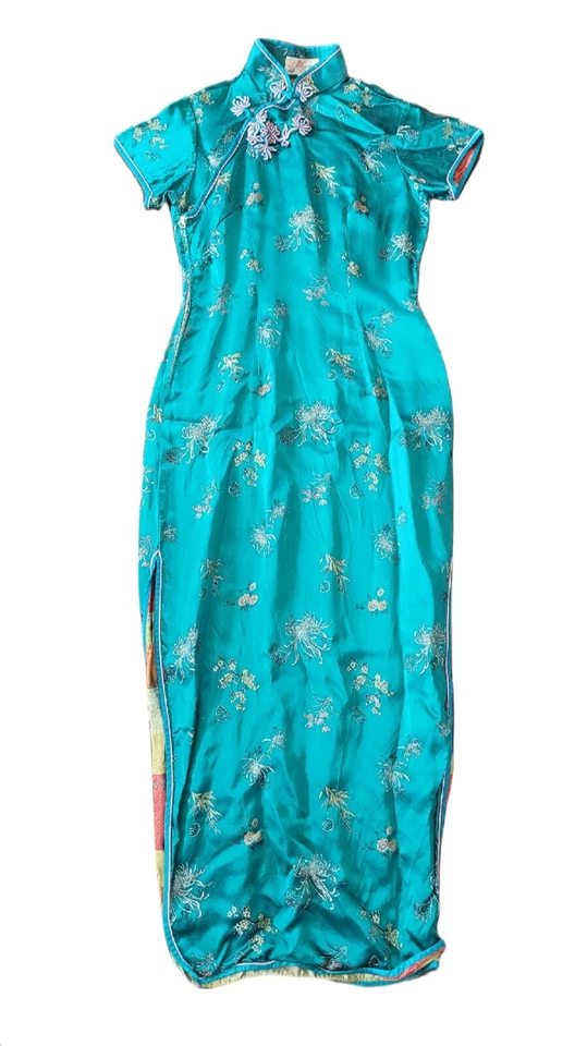 Vestido Qipao Chino Vintage Seda y Bordado Años 60 Azul Rosa Cheongsam S Foto 1 de 4