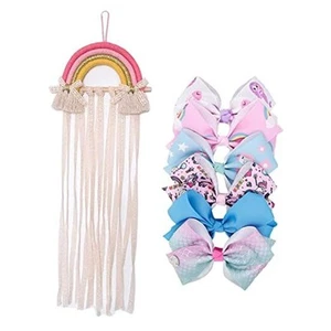 Hair Bow Holder for Girls, Rainbow Bow Organizer with Burlap Pink with Bows - Picture 1 of 8