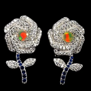 Pendientes de plata de ley 925 redondos ópalo de fuego 4 mm flor piedras preciosas naturales joyería - Imagen 1 de 14
