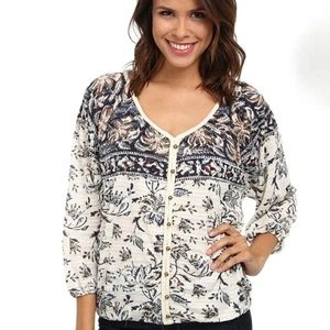 Lucky Brand Hannah Bauerntop blau bunt Blumen V-Ausschnitt Strick Damen Small - Bild 1 von 8