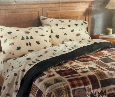 Винтажный полный фланелевый комплект простыней 4 шт 100% хлопок постельное белье медведи хижина лес природа - Изображение 1 из 4