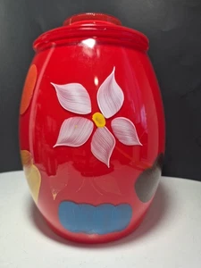 MCM Bartlett Collins Hand Painted Gay Fad Red Glass Cookie Jar Fruit Flower 9" - Picture 1 of 12