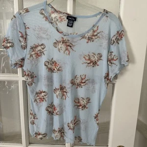 T-shirt maglietta angelo cherubino maglia donna junior XL blu chiaro orlo con volant - Foto 1 di 10