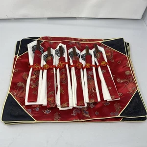 6 Sets CHINESE SILK TABLE PLACEMATS & CHOPSTICKS Red with Phenix & Dragons - New - Picture 1 of 3