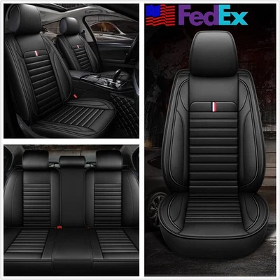 Black PU Leather Car Front+Rear Seat Covers Cushion 5D Full Surrounded US Stock - Imagem 1 de 4