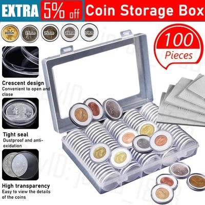 100pcs Coin Storage Box Case Capsules Holder Clear Plastic Round 20MM 25mm 30mm~ - image 1 of 4