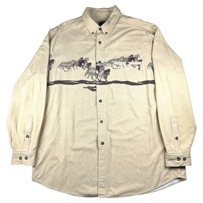 Vintage Woolrich Western Horse Print Button Up Shirt Mens Sz XXL Long Sleeve Tan - Image 1 of 4