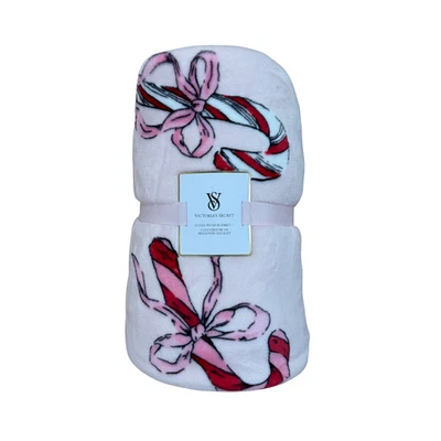 Victoria's Secret Cozy Plush Pink & Red Logo Bow Candy Cane Blanket 50×60 - Image 1 of 4