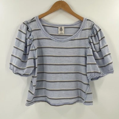 Free People S/P We The Free Stripe Crop Top Raw Seam Puff Sleeve Boho Tee - Image 1 of 4