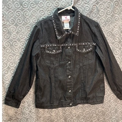 Quacker Factory Rhinestone Embellished Denim Jacket Black Jean Jacket Medium - Image 1 of 4