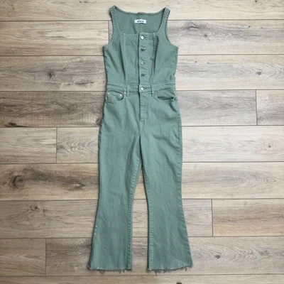 Etica Ivy Crop Kick Flare Jumpsuit Sage Green Button Front Raw Hem Ethical - Image 1 of 4