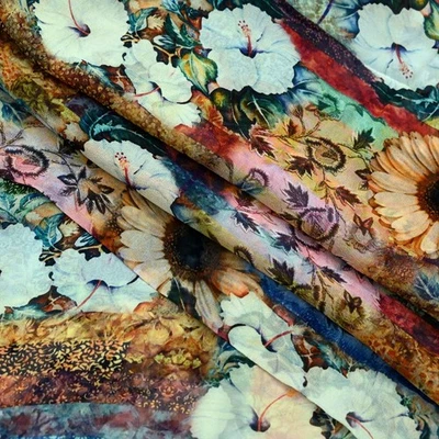 Indian Vintage Sari Multi Pure Georgette Silk Printed Sarees Sewing 5yd Fabric - Image 1 of 4