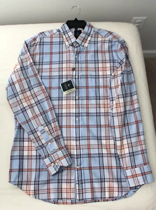 NWT TAILORBYRD Long Sleeve Flip Cuff Blue Orange Plaid Button Down Shirt Sz L - Picture 1 of 7