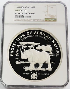 1993 SILVER UGANDA 10,000 SHILLINGS RHINOCEROS KILO NGC PF 68 ULTRA CAMEO - Picture 1 of 3