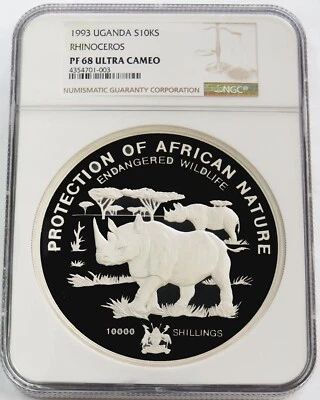 Plata Uganda 1993 10.000 chelines rinoceronte kilo NGC PF 68 ULTRA CAMAFEO Foto 1 de 3