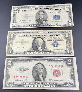 Us Estate Currency Money Lot 1953 $5 Silver Certificate 1953 $2 Red Seal 1957 $1