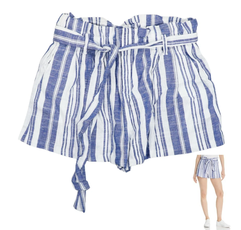 Aqua Striped Print Paper Bag Style Belted Women's Shorts M NWT Blue/White - Image 1 of 1