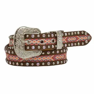 DA5222 Angle Ranch Girls' Western Brown Belt w/Silver Studs & Pink Print Fabric - Picture 1 of 1
