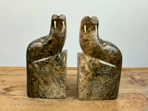 Rare & Exquisite Soapstone Walrus (With Tusks) Hand-Carved Inuit Bookends - Picture 1 of 4