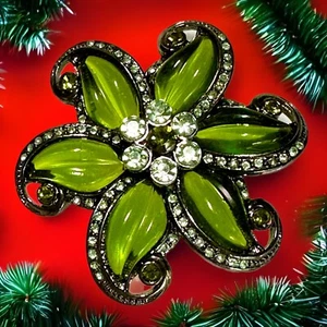 Vintage Lime Green With Multiple Green Rhinestones Flower Pin Brooch 2” - Picture 1 of 5