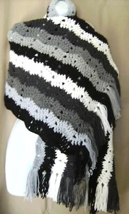 BLACK WHITE GRAY MULTI COLOR SHAWL WRAP HAND MADE CROCHET - Picture 1 of 4