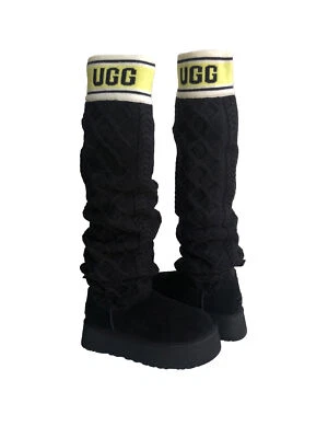 UGG CLÁSICO SUÉTER LETRA ALTO NEGRO PLATAFORMA PUNTO BOTA talla US 8 / EU 39 / UK 6 Foto 1 de 4