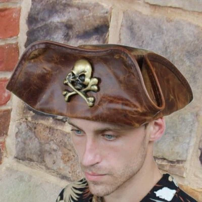 Disfraz colonial de cuero genuino pirata tricornio teatro escenario sombrero - marrón Foto 1 de 4