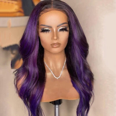 Peluca frontal de encaje Ombre resaltada pelucas de cabello humano pre arrancadas pelucas corporales ondas púrpura Foto 1 de 3