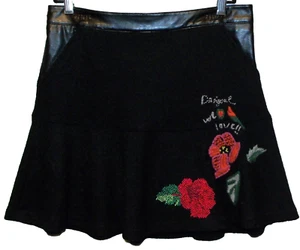 DESiGUAL Tabitha black wool blend embroidered A-line mini short skirt zip 38 S 6 - Picture 1 of 7