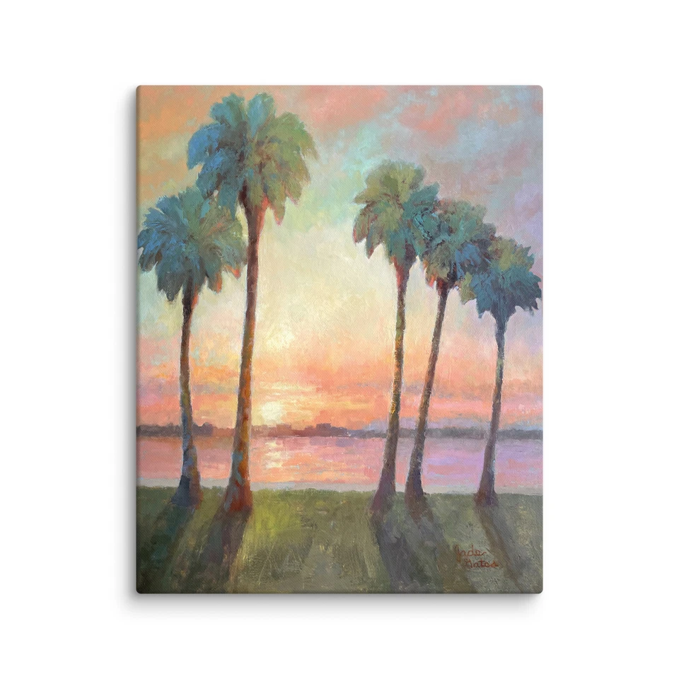 Five Tropical Palms - Coastal Wall Art  - Landscape Canvas Print - Sunset Scene - Image 1 of 1
