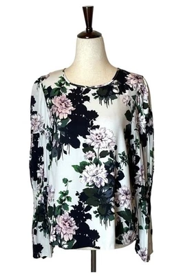 Camisa Club Monaco Mujer Pequeña Blanca Estampado Floral Manga Campana Abullonada Blusa Boho Foto 1 de 4