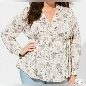 Camicetta TORRID Fortune Paisley rugiada a righe raso colletto surplice nuova taglia 0X - Foto 1 di 4