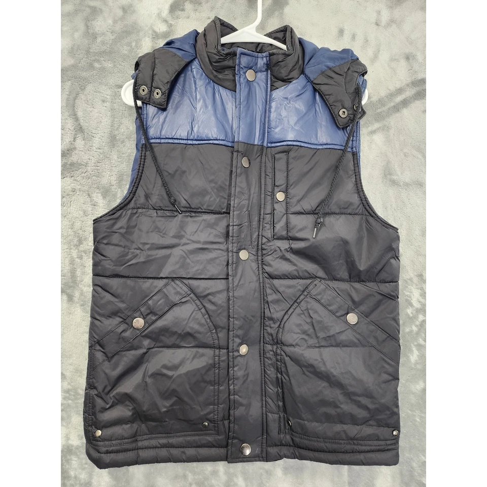 Chaleco acolchado American Rag con capucha sin mangas cremallera completa talla S negro azul  Foto 1 de 4
