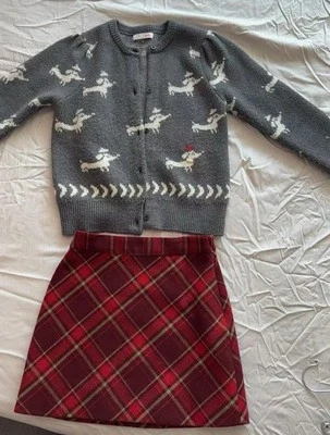 Conjunto de cárdigan y falda a cuadros con patrón de perro de mezcla de lana para niñas - Se adapta a 150 cm de altura Foto 1 de 4