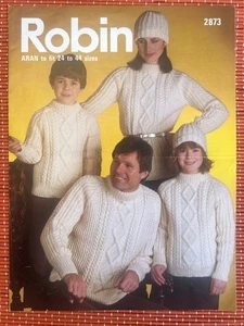 MENS WOMENS BOYS GIRLS ARAN CABLE KNIT JUMPER 24”-44” VTG KNITTING PATTERN 2873 - Picture 1 of 2