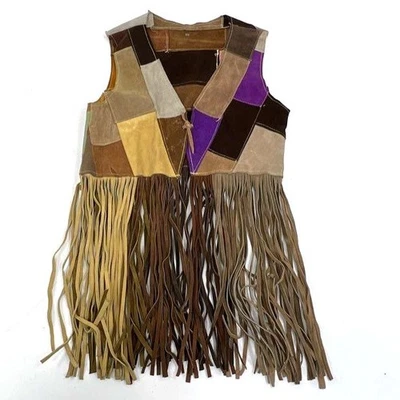 复古 70 年代麂皮绒皮革拼布条纹波西米亚嬉皮背心棕色紫色 S 码 — 第 1/4 张图片