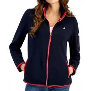 Nautica Jeans Womens Piping-Trim Sweater-Fleece Track Jacket Zip Navy XL - $80 - Picture 1 of 9