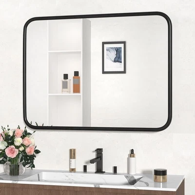 Espejo de pared de baño de 40"x30", marco de grano de madera negra rústica, vidrio templado V... Foto 1 de 4