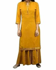 Indian Traditional Women's Rayon Mirror Work Kurti with Sharara Set Yellow Color