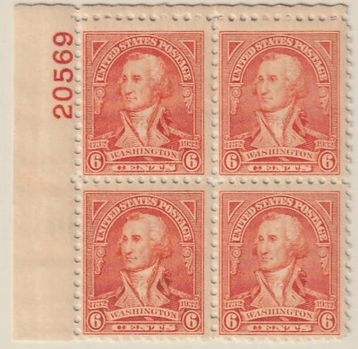 USA 1932 MLH WASHINGTON BY JOHN TRUMBUL 6 CENTS PLATE BLOCK OF FOUR  - Image 1 of 2