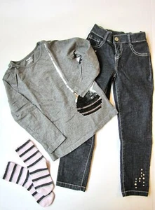 Gymboree Mädchen 2010 Sugarplum Glitzer Set Pailletten Jeans grau Top Socken 3 4 Jahre - Bild 1 von 12