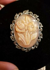 Pendant, 1.5" x 1.25", Includes Chain Sterling Silver Marcasite Floral Cameo Pin