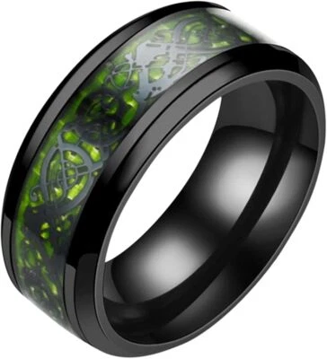 ANILLO HOMBRE DRAGÓN VERDE FIBRA CARBONO NEGRO ACERO INOXIDABLE TALLA 6-13 UNISEX 8MM Foto 1 de 3