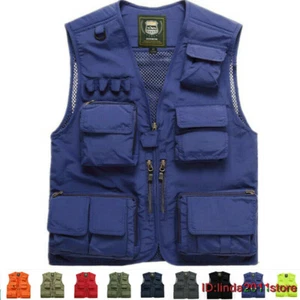 Mens Sleeveless Jacket Breathable Fishing Vests Multi Pocket Reporter Waistcoat - Picture 1 of 21